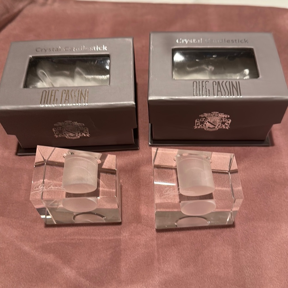 Oleg Cassini Crystal Candlestick Holder - Set of 2 new in box signed